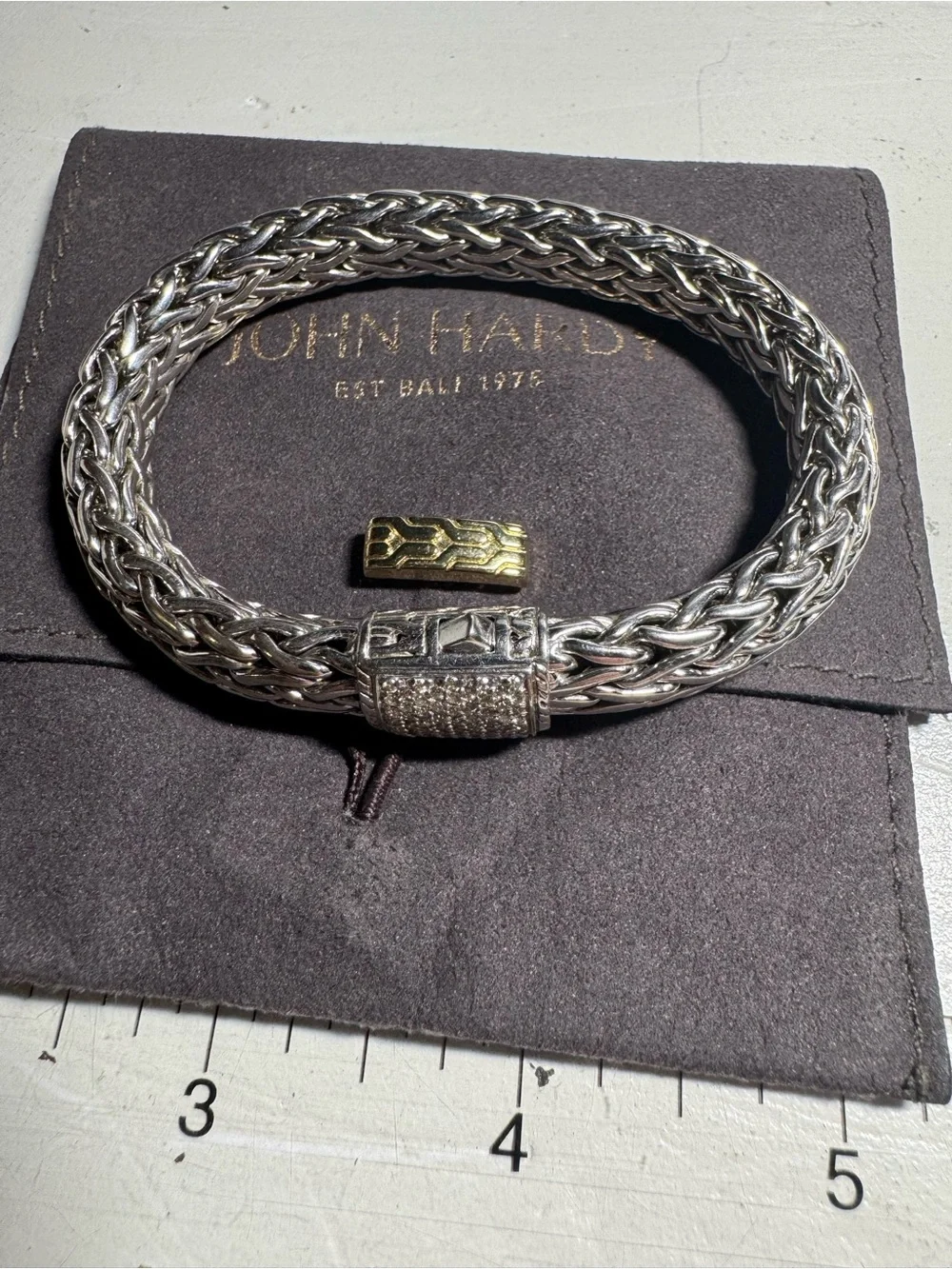 John Hardy Silver Braided Bracelet with Pavé Clasp